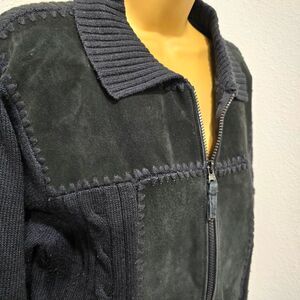 Vtg 90s Suede Patchwork Leather Sweater Jacket Womens Large Black Indie Beatnik